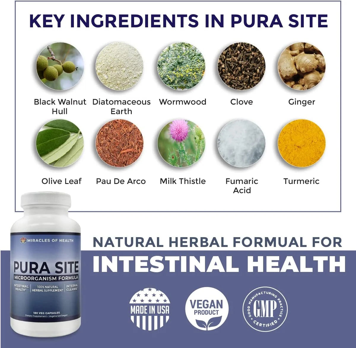 Pura Site | Microbiome Cleanse & Intestinal Health Herbal Formula | 100% Natural Gut Health Supplement | Diatomaceous Earth, Black Walnut Hull, Wormwood | 2 Month Supply