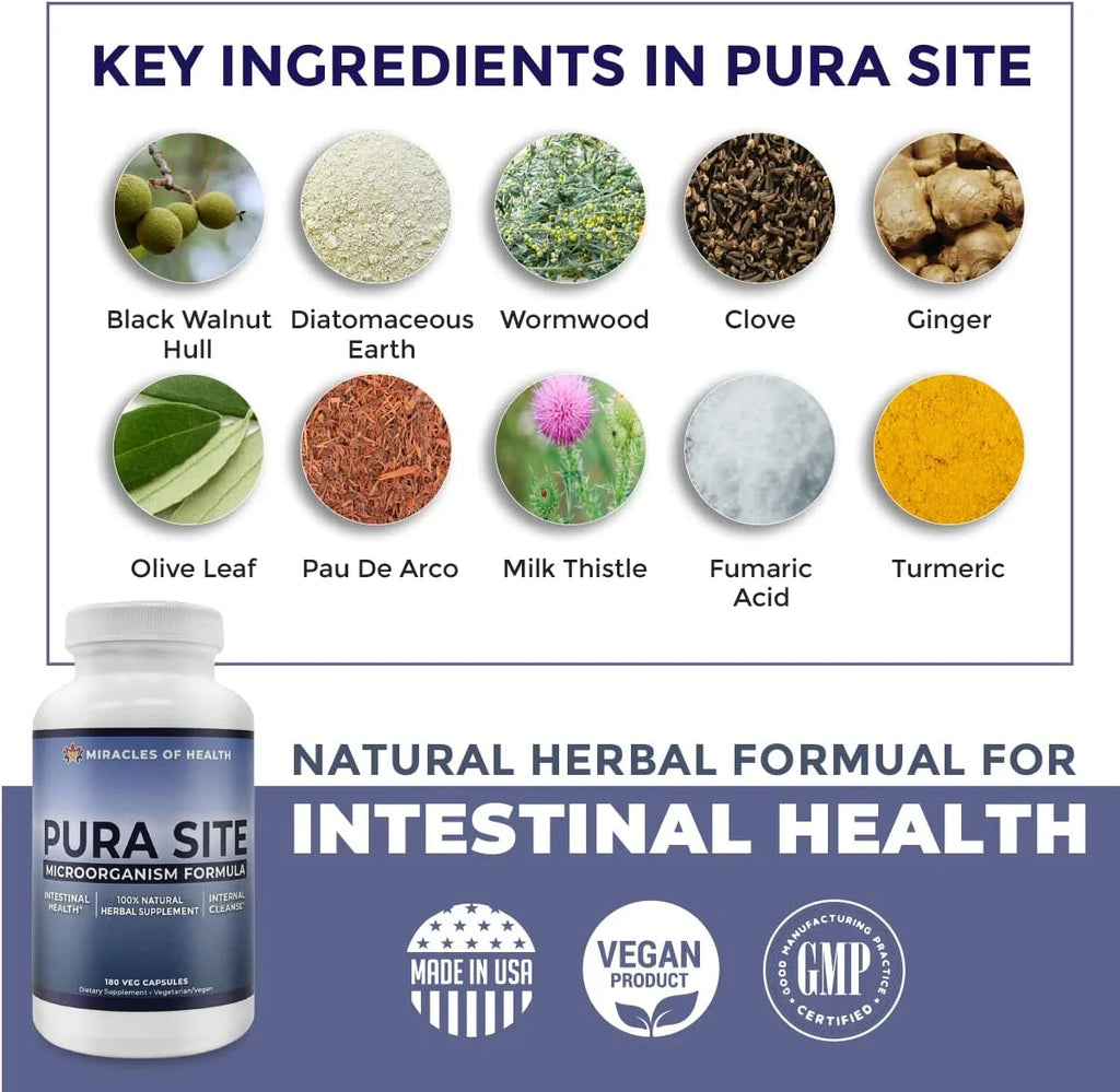 Pura Site | Microbiome Cleanse & Intestinal Health Herbal Formula | 100% Natural Gut Health Supplement | Diatomaceous Earth, Black Walnut Hull, Wormwood | 2 Month Supply