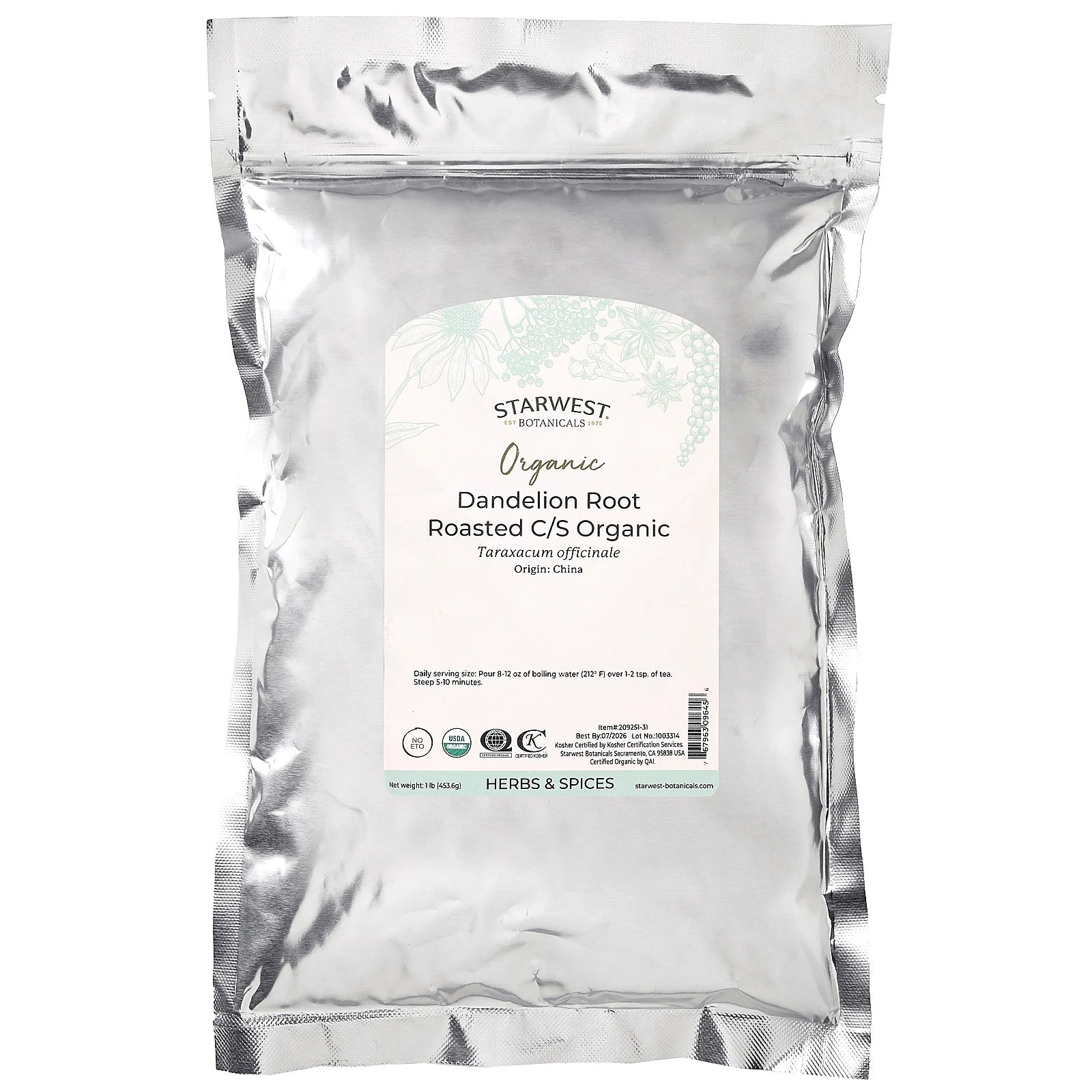 Organic Dandelion Root, Roasted, Cut & Sifted, 1 Lb (453.6 G)