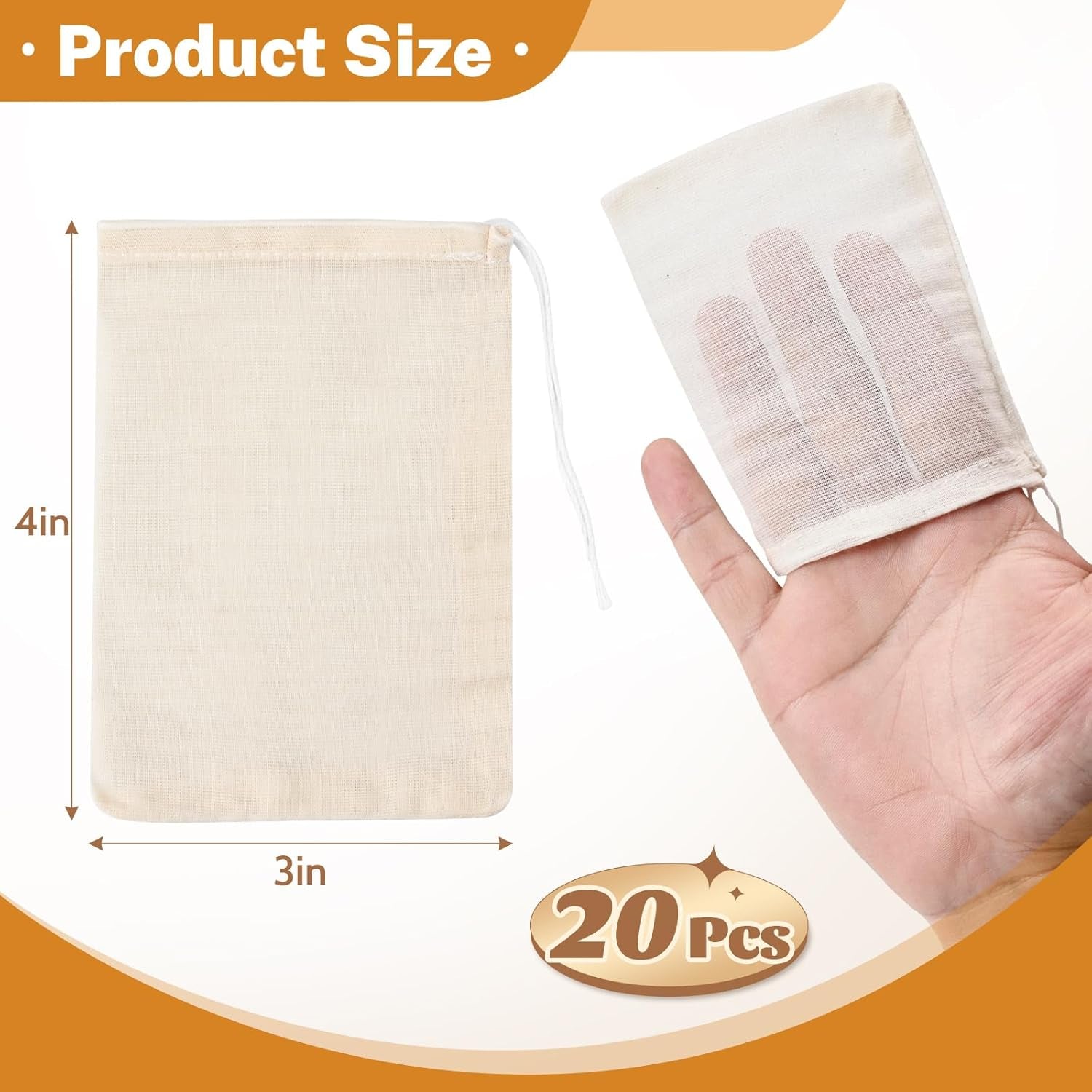20 Pcs Muslin Bags with Drawstring, Reusable Tea Bags, Spice Bags for Cooking So