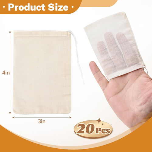20 Pcs Muslin Bags with Drawstring, Reusable Tea Bags, Spice Bags for Cooking So