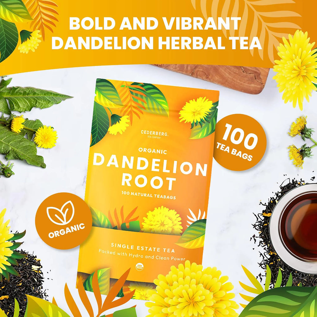 Organic Dandelion Root Tea Bags, 100 Count, 7 Oz | Organic Herbal Tea | Eco-Friendly Tea Bags | Non-Gmo Caffeine Free Tea