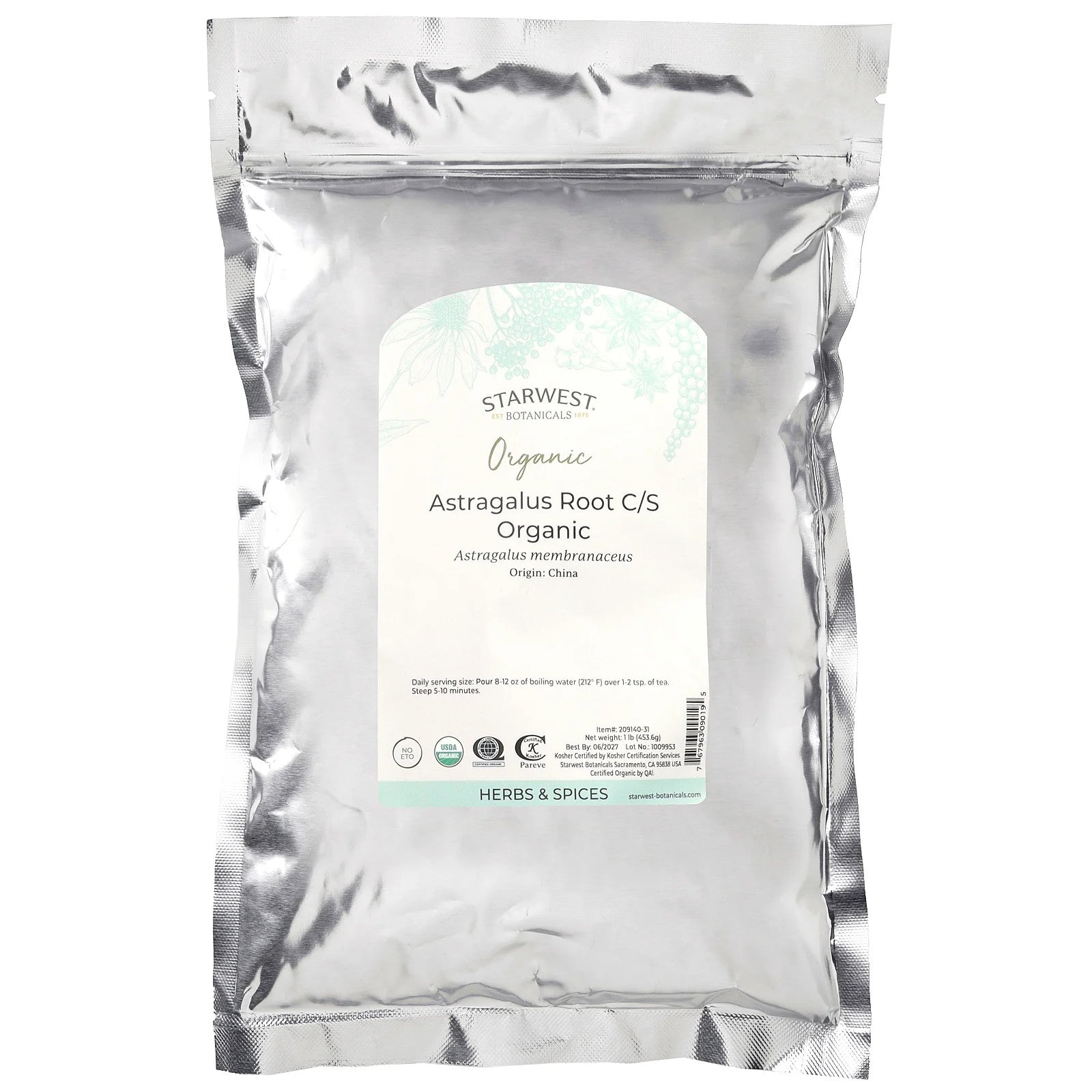 Starwest Botanicals Organic Astragalus Root C S 1 Lb 453 6 G Kosher, Organic