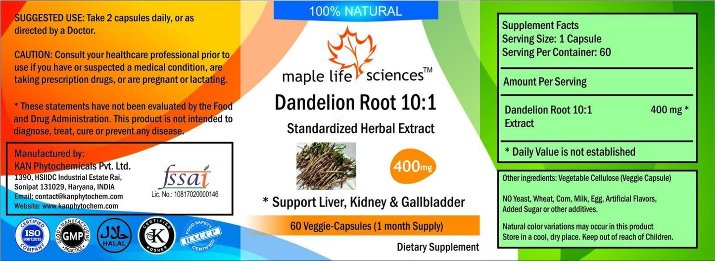 Dandelion Root 10:1 Extract Capsules Pure & High Quality