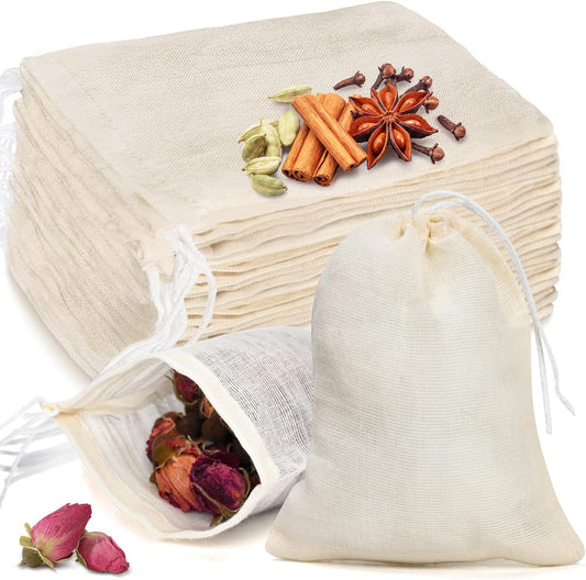20 Pcs Muslin Bags with Drawstring, Reusable Tea Bags, Spice Bags for Cooking So