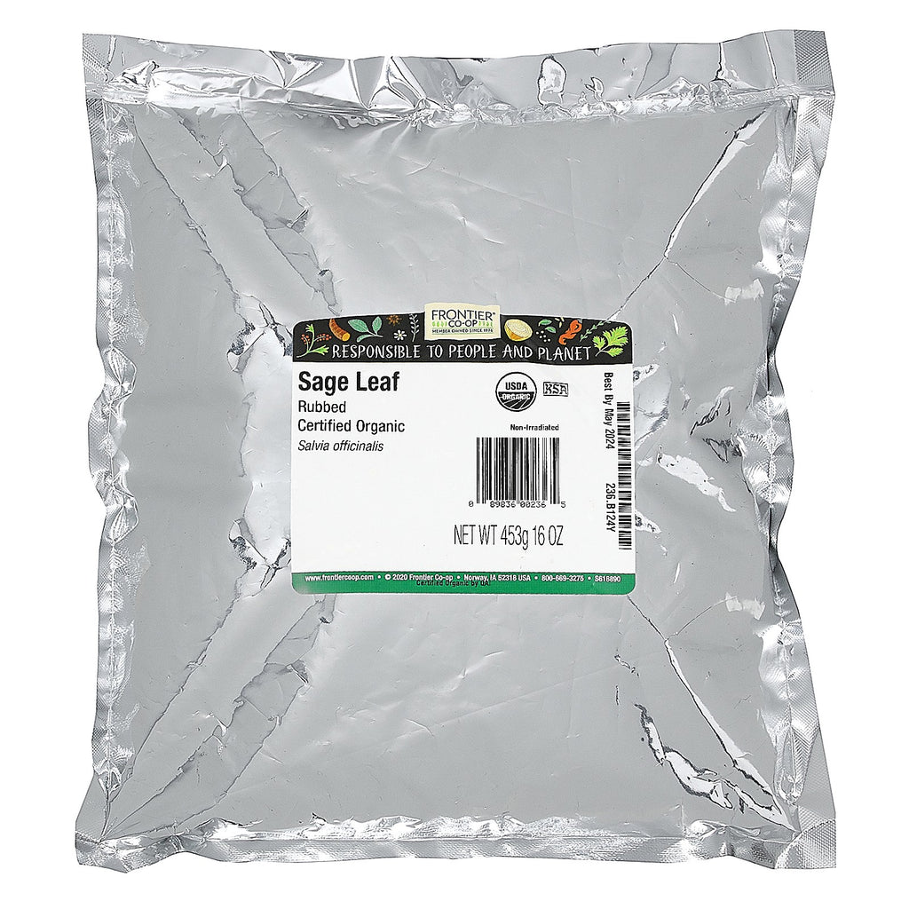 Frontier Natural Products Organic Rubbed Sage Leaf 16 Oz 453 G Kosher, Organic