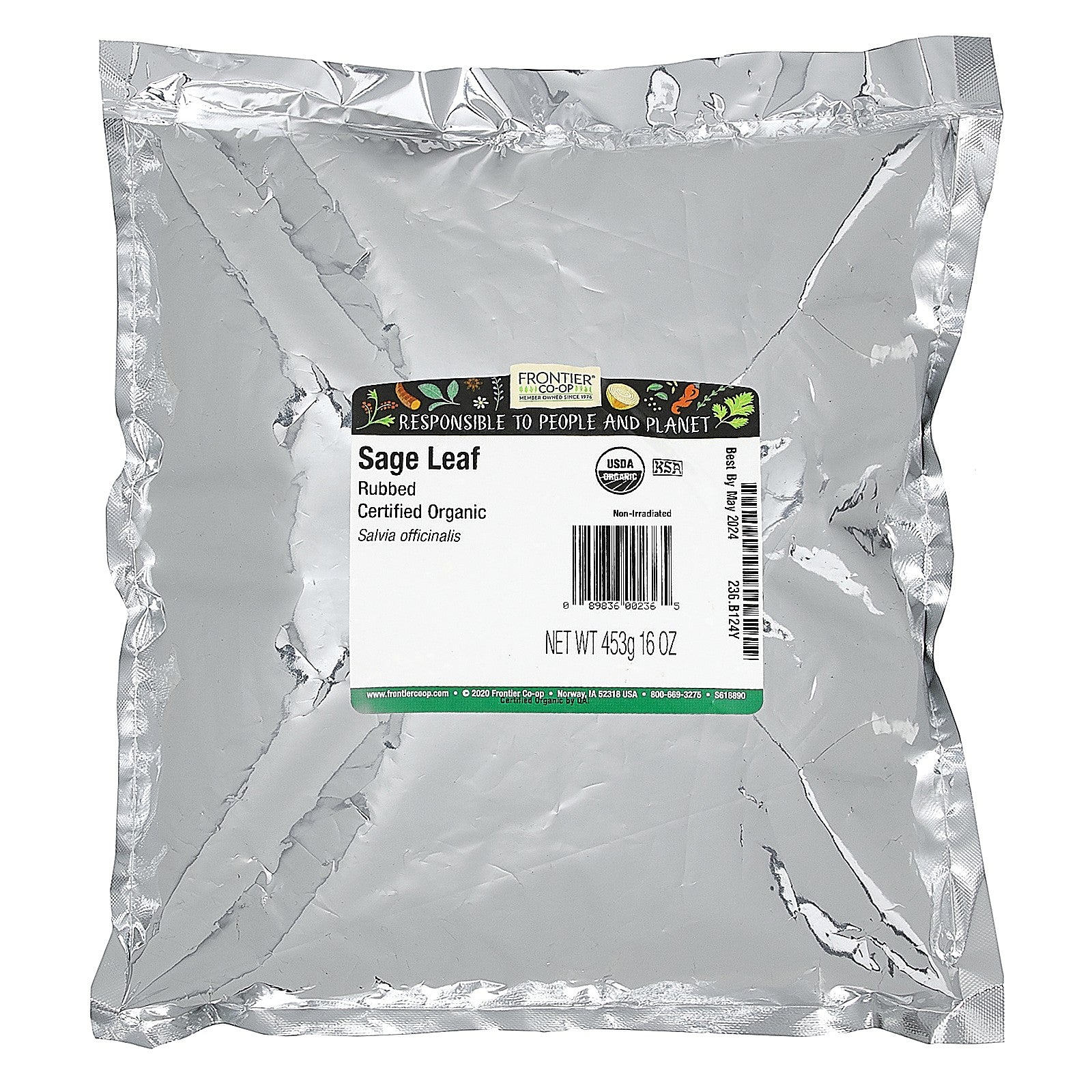 Frontier Natural Products Organic Rubbed Sage Leaf 16 Oz 453 G Kosher, Organic